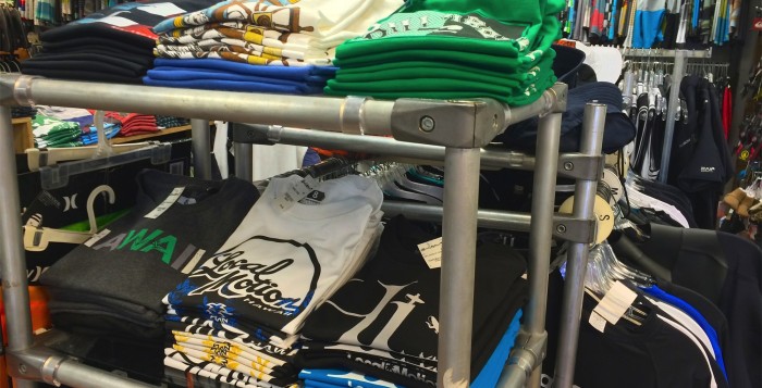 A rack filled with local wear t-shirts