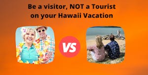 Male and female Hawaii tourists with lei and people sitting on the beach