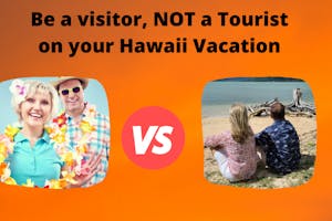 be-a-visitor-not-a-tourist Male and female Hawaii tourists with lei and people sitting on the beach