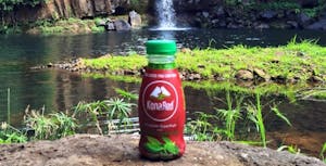 Bottle of KonaRed on a rock in front of a stream