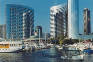 Waikiki Timeshares High-rise timeshare buildings fronting Ala Wai Boat Harbor